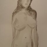 Tableau signé aquarelle monochrome sépia portrait féminin «  dans les yeux »