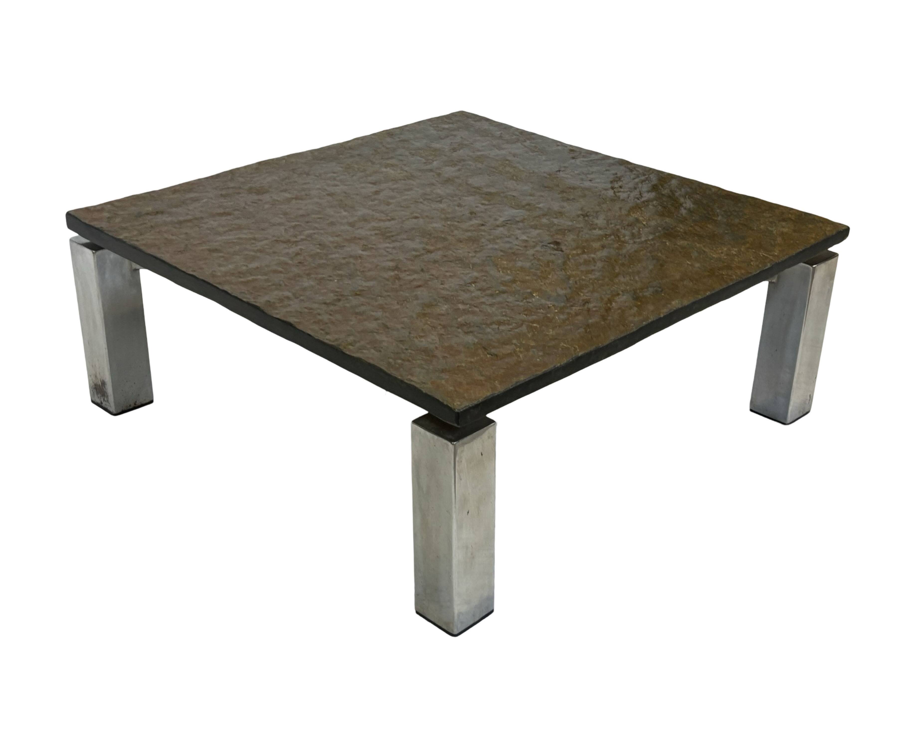 Table basse carrée plateau en pierre et piètement en acier chromé - années 60