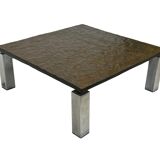 Vintage Square coffee table with slat stone top and chromed steel base - 1960s