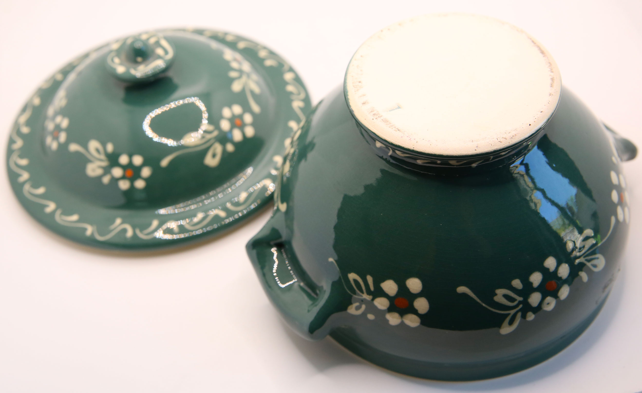 Soupière Légumier artisanal alsacien vert aux fleurs