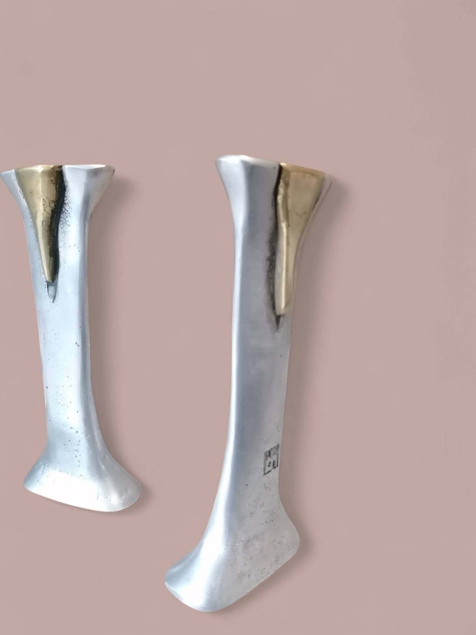 Pair of brutalist candlesticks in bronze and aluminum - David Marshall.