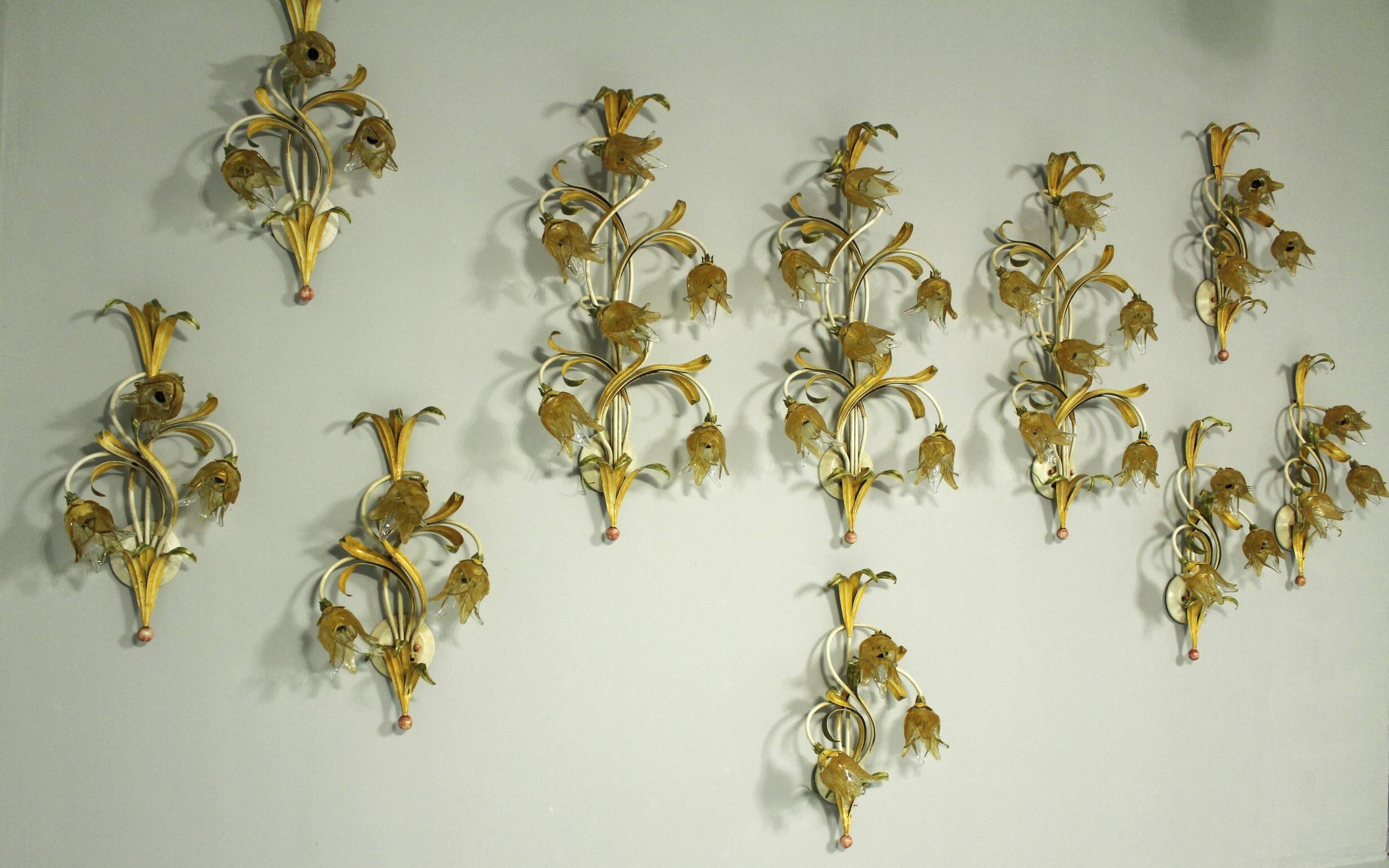 Set of 10 Wall Lights from colored hand crafted iron and Murano glass