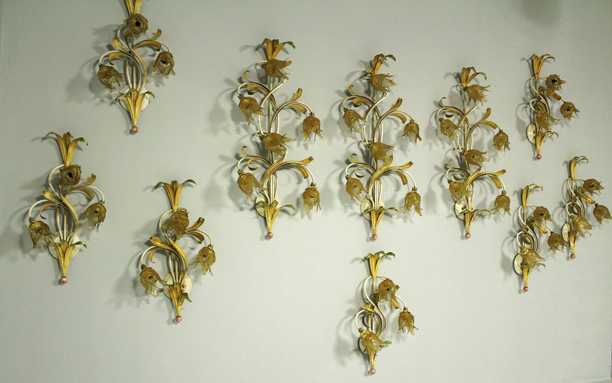 Set of 10 Wall Lights from colored hand crafted iron and Murano glass