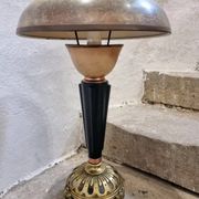 Lampe de table art déco vintage – cuivre, laiton et bakélite – abat-jour champignon – années 1920