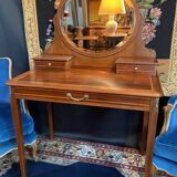 Louis XVI style mahogany and solid walnut dressing table with oval mirror