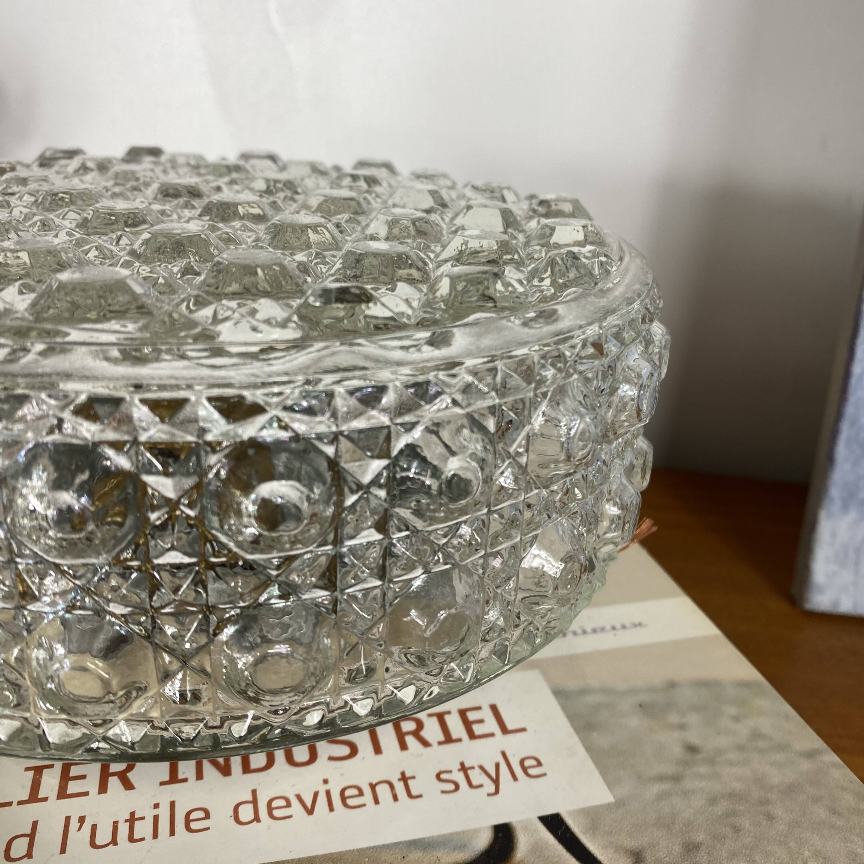 Round wall light ceiling fixture in glass with diamond points vintage 1970s