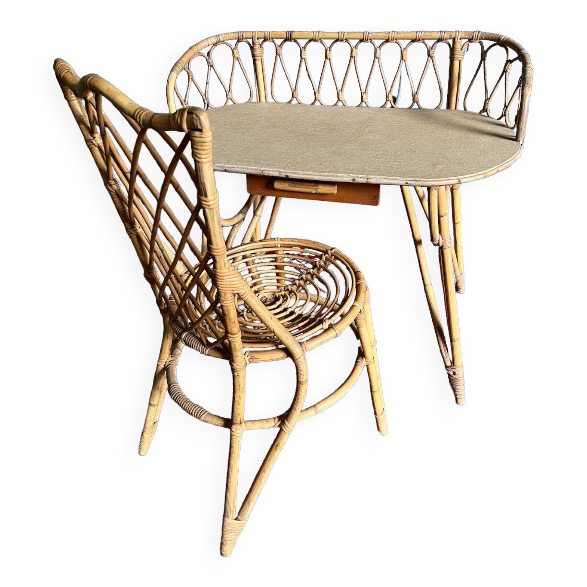 Vintage Louis Sognot rattan dressing table and chair - 1960s