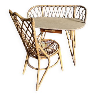 Coiffeuse et chaise vintages en rotin Louis Sognot - 1960