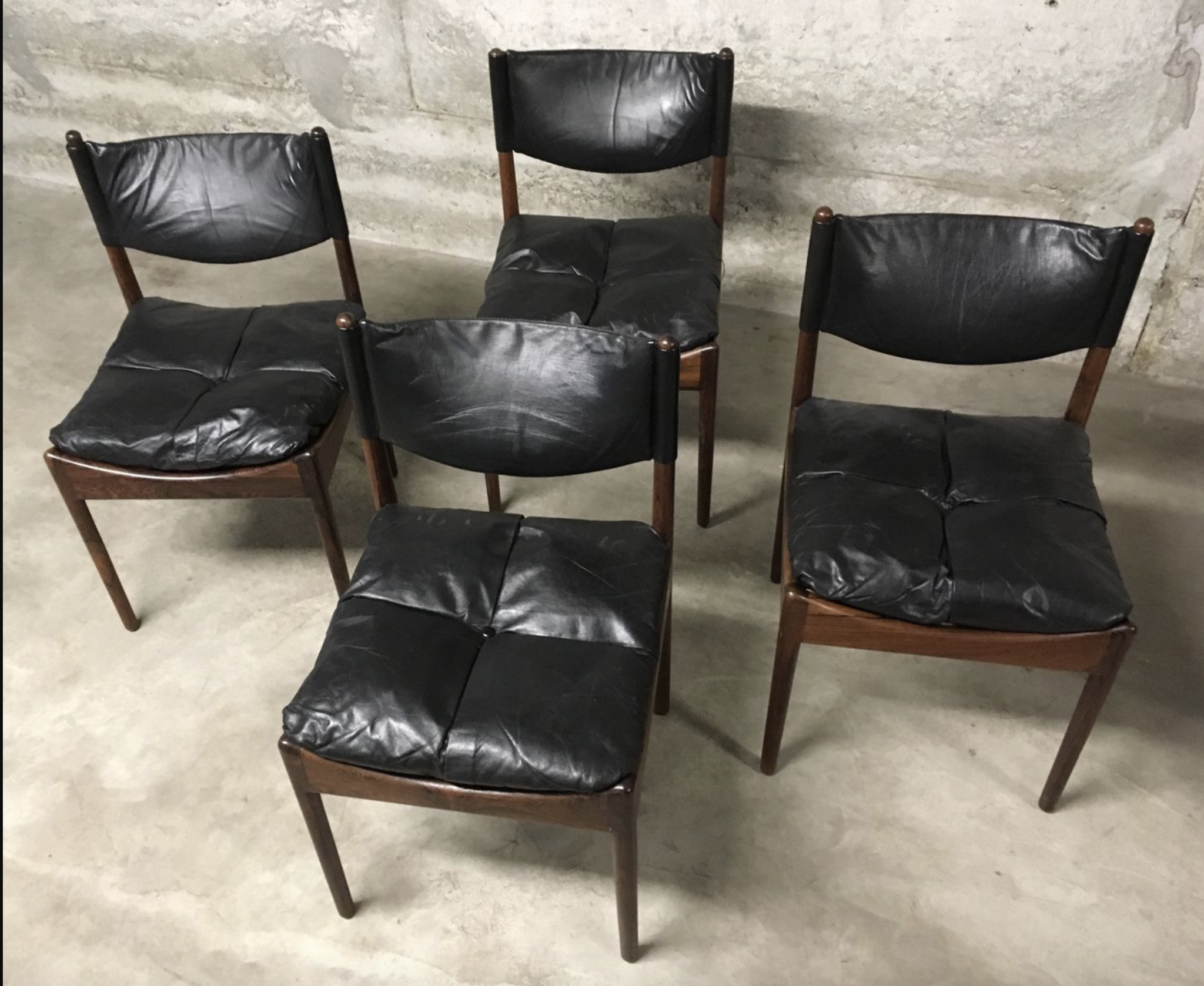 Set of 4 Rio palisander & black leather chairs, Modus model, by Kristian Vedel for Soren Willadsen
