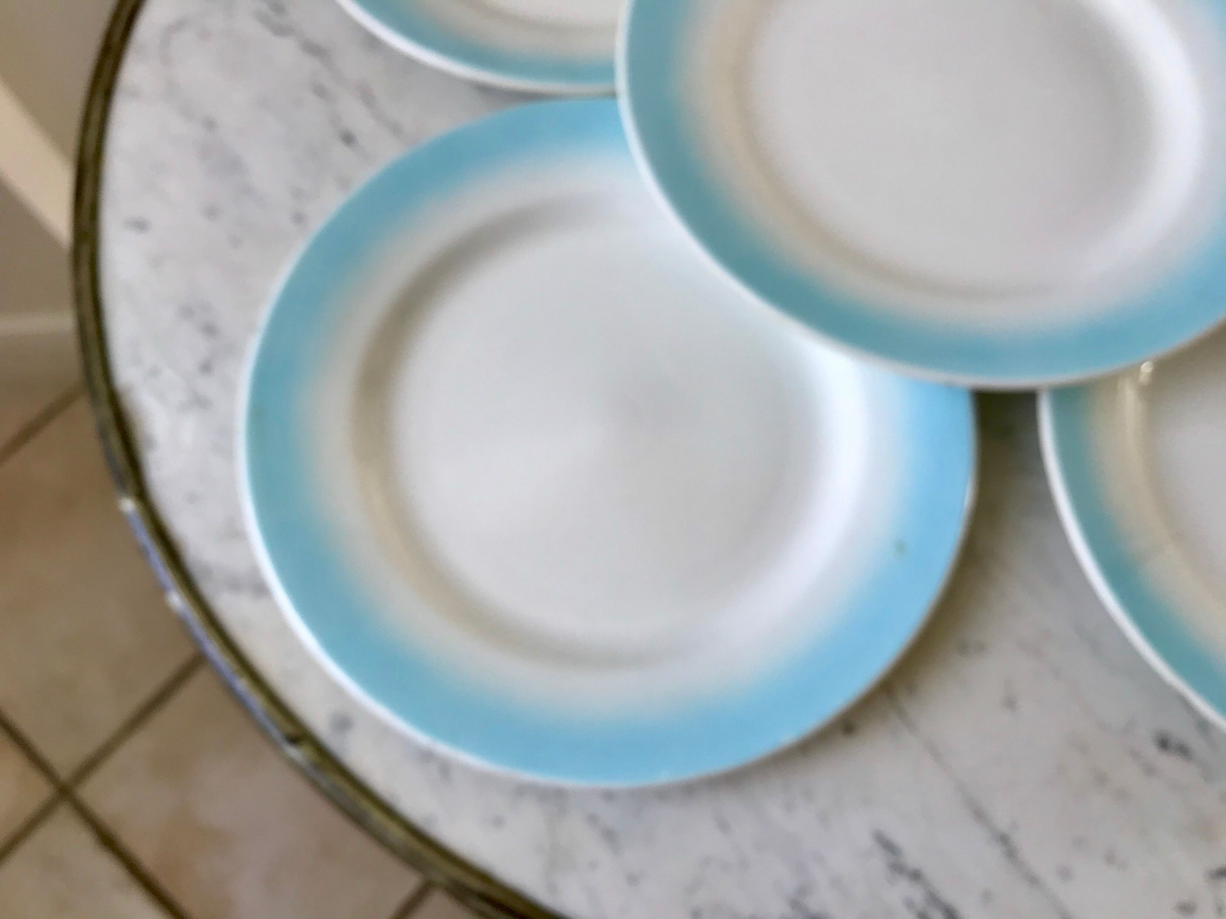 set of 5 pastel gradient sky blue dessert plates from the 40s and 50s