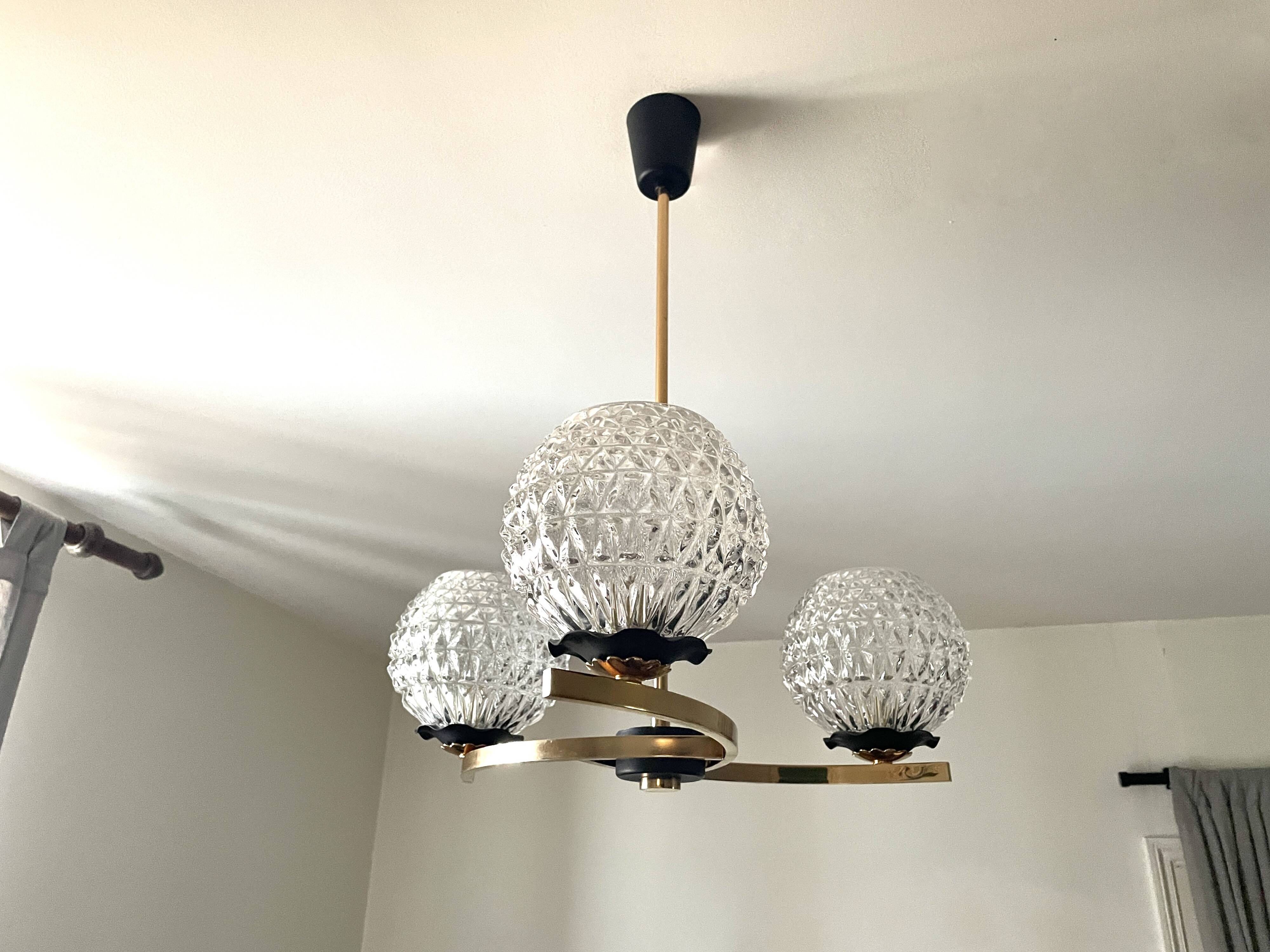 Chandelier 3 brass lights 1950