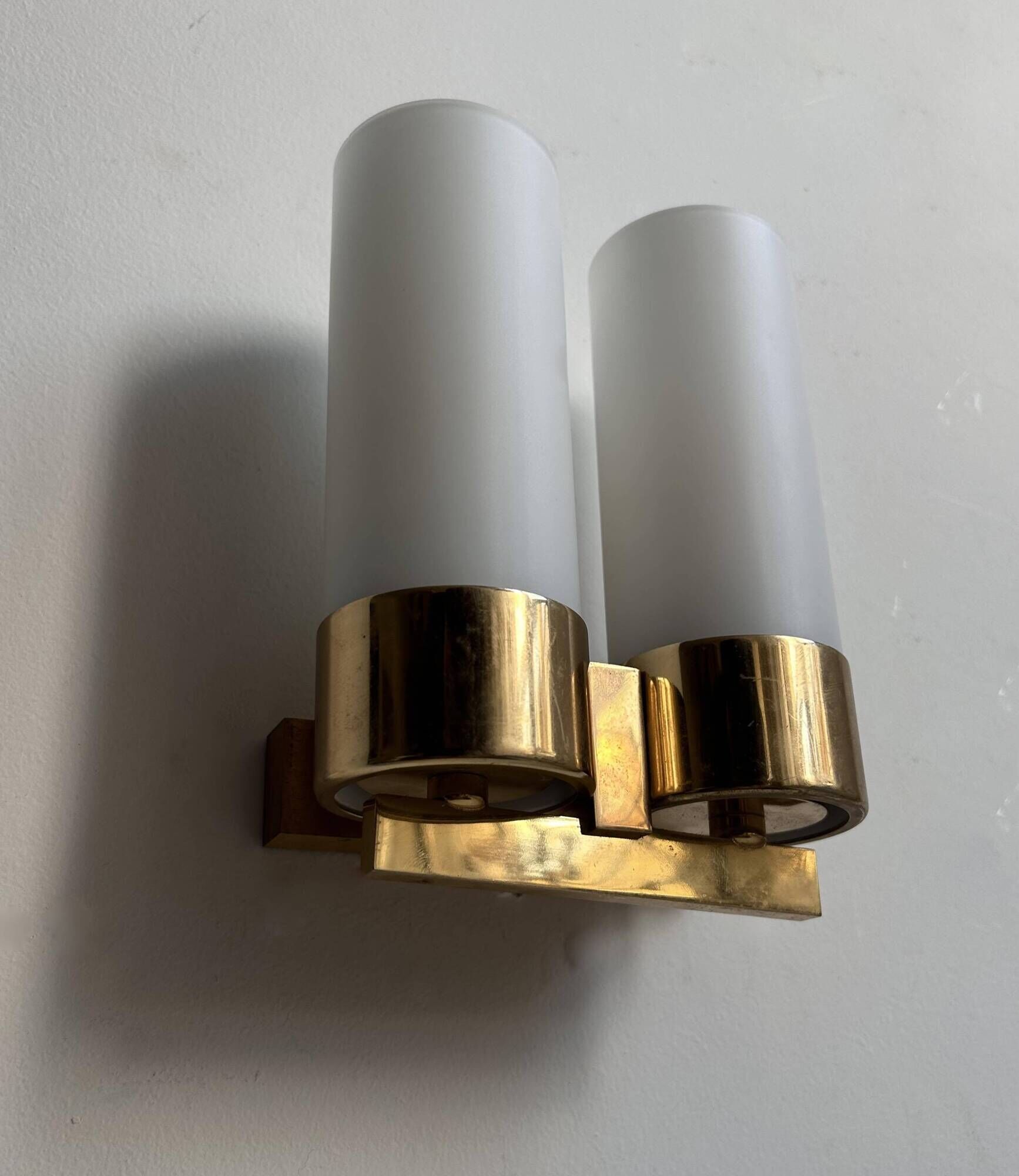 Vintage double wall lamp, brass and opaline, Leuchten Neuhaus Germany 1960
