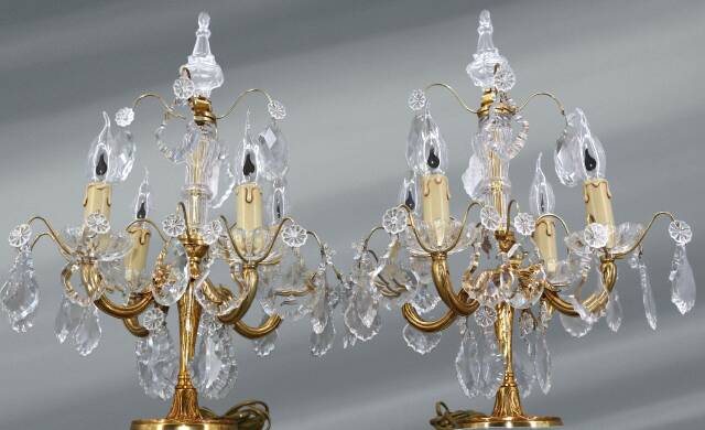 Pair of Louis XV Style Bronze & Crystal Chandeliers with 4 Lights