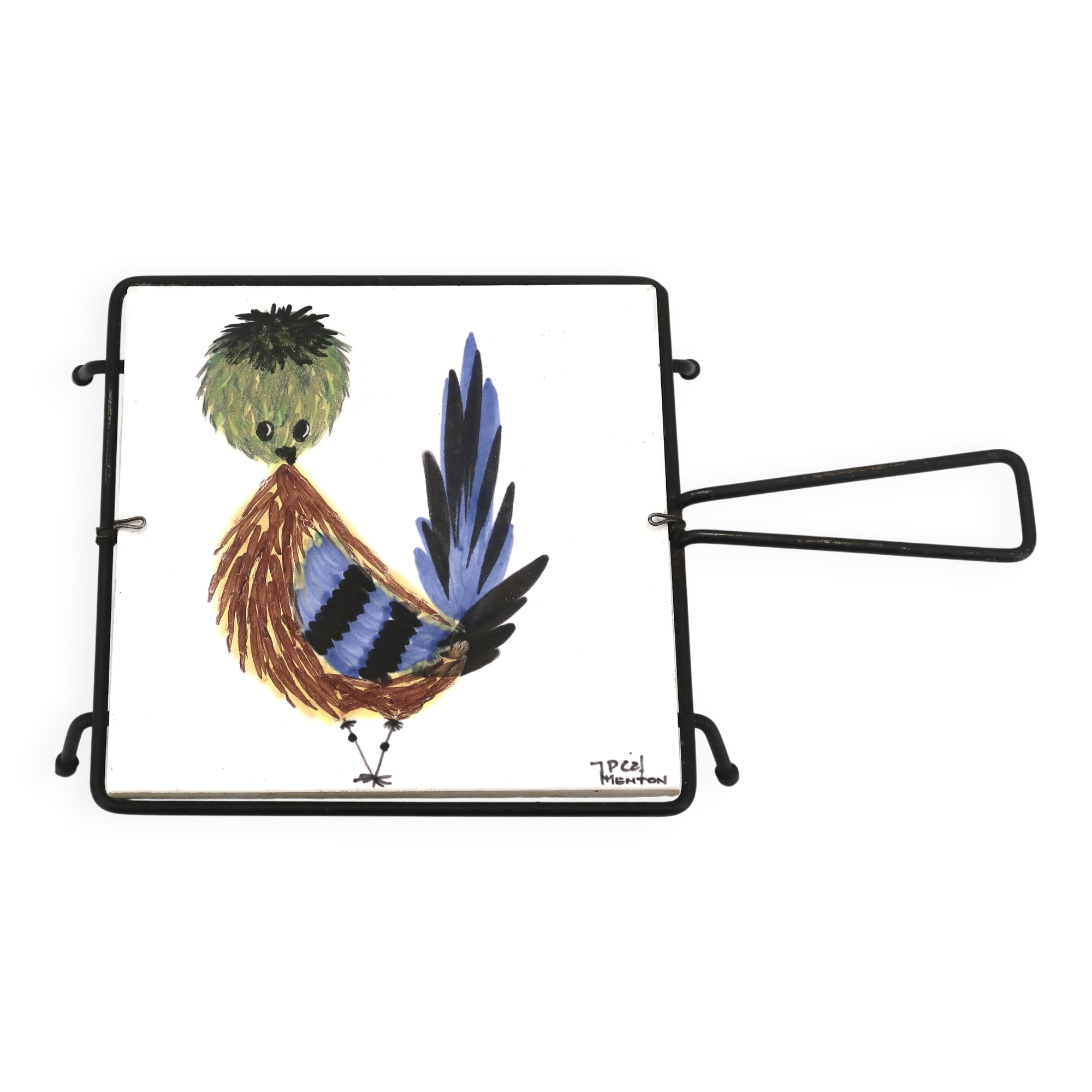 Square ceramic trivet with a bird by Jean Pierre Caffarelli.