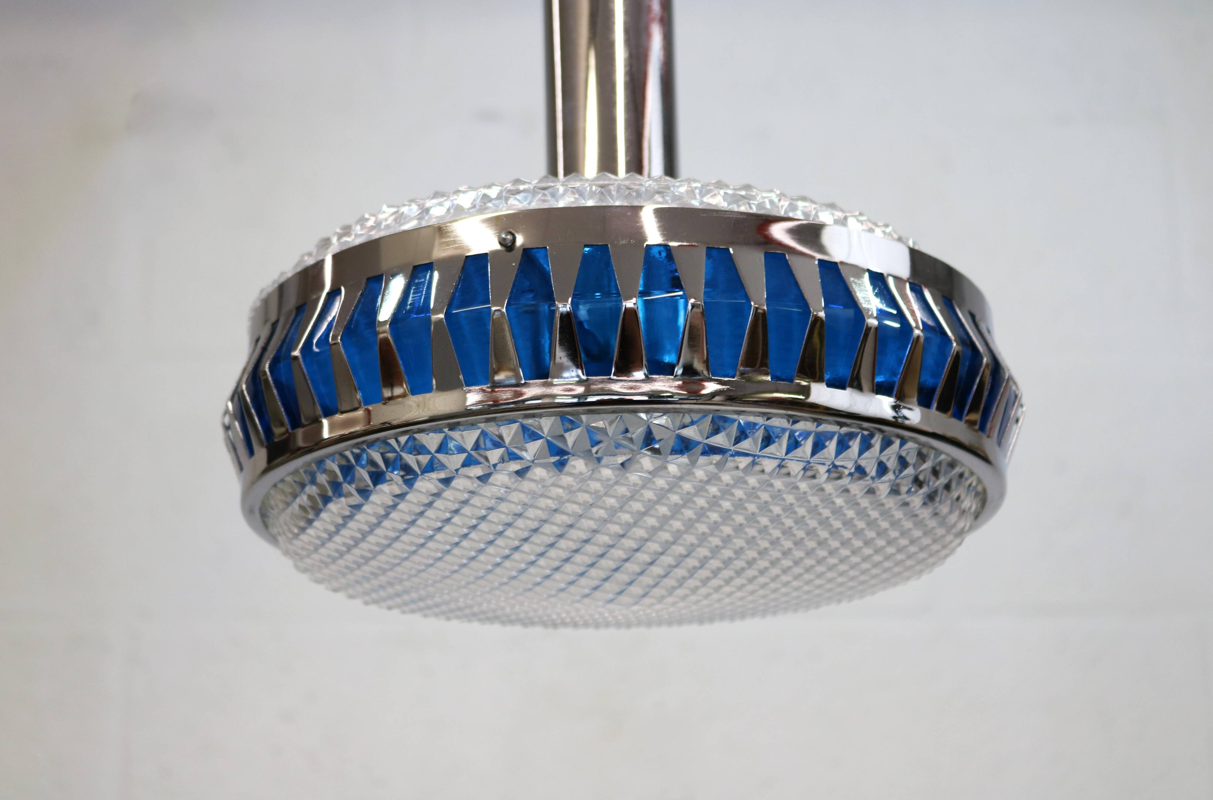 Vintage Chrome & Blue Pendant Lamp - 1970s Massive Belgium Lighting