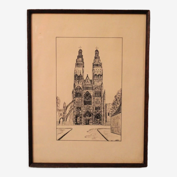 Pen drawing ink cathedral of Tours dated signed Talbot