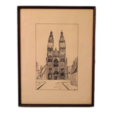 Pen drawing ink cathedral of Tours dated signed Talbot