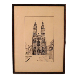 Pen drawing ink cathedral of Tours dated signed Talbot