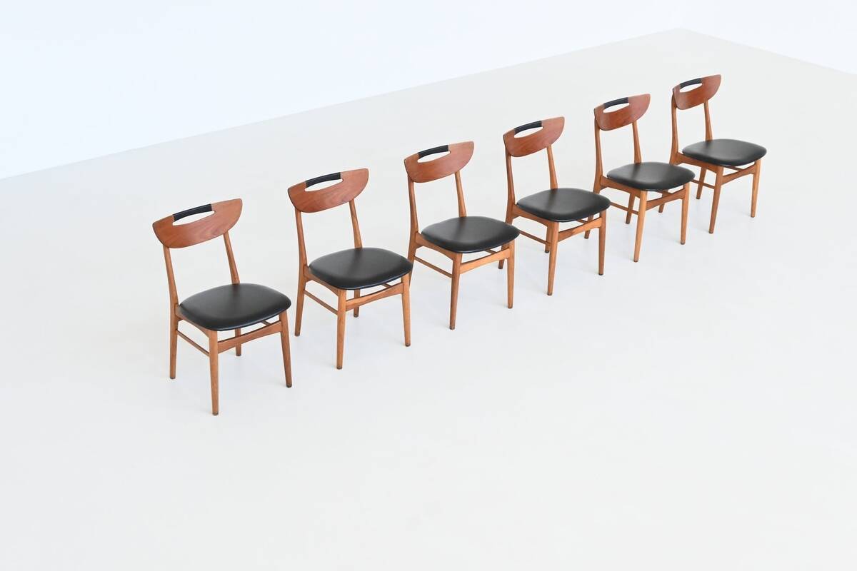 Set of six Danish dining chairs in teak and faux leather Denmark 1960