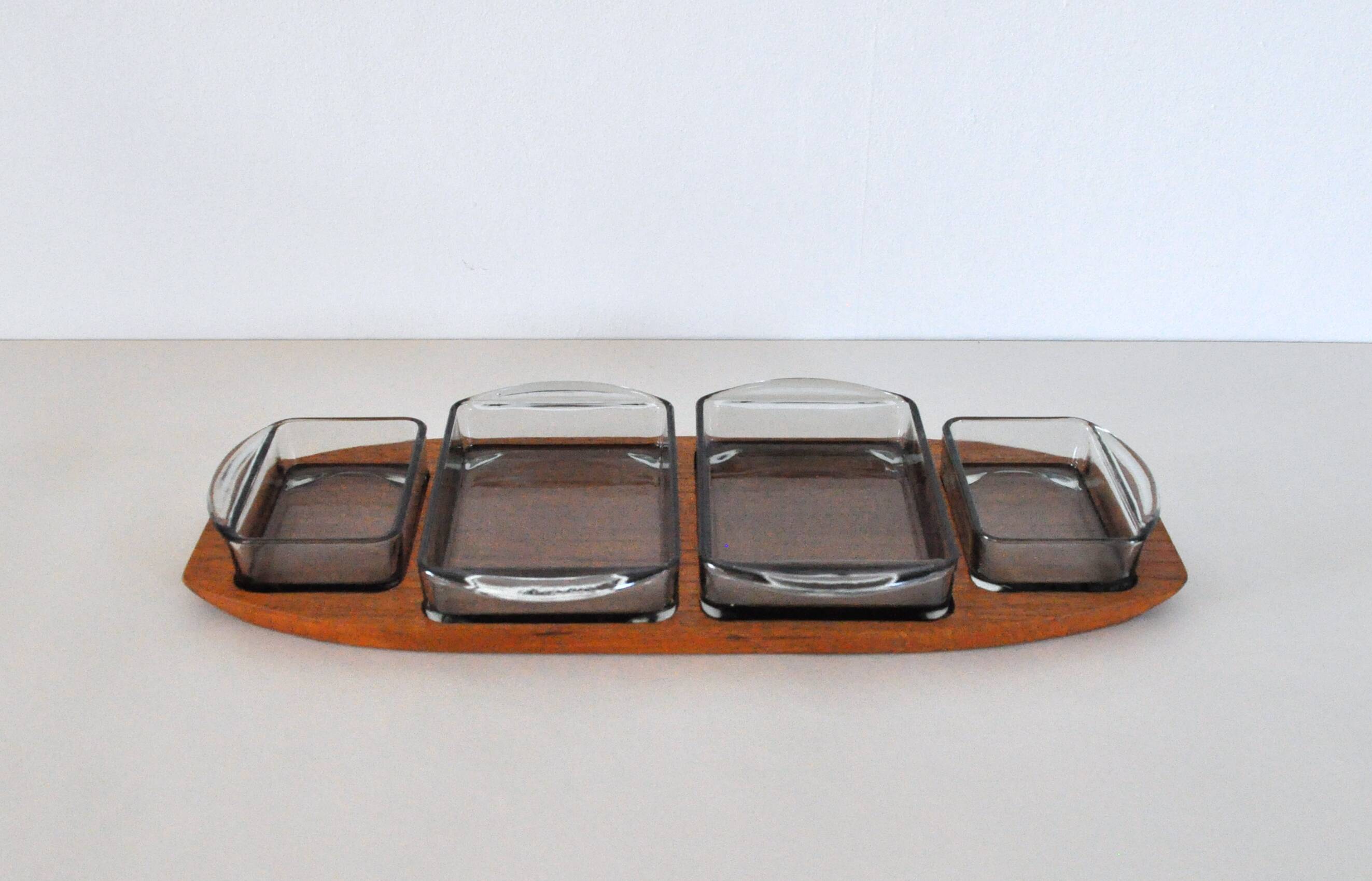 Danish Modern Teak Serving Tray with Glass Bowls, Denmark, 1960s