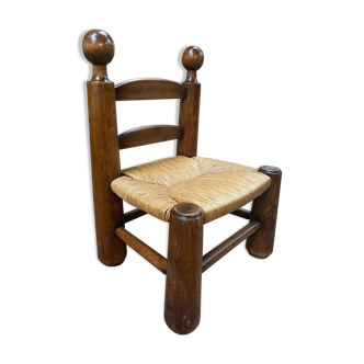 Chaise basse en bois et paille vintage 1950