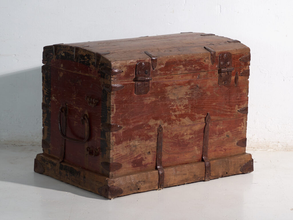 Antique iron-reinforced pine wood chest – China, circa 1900