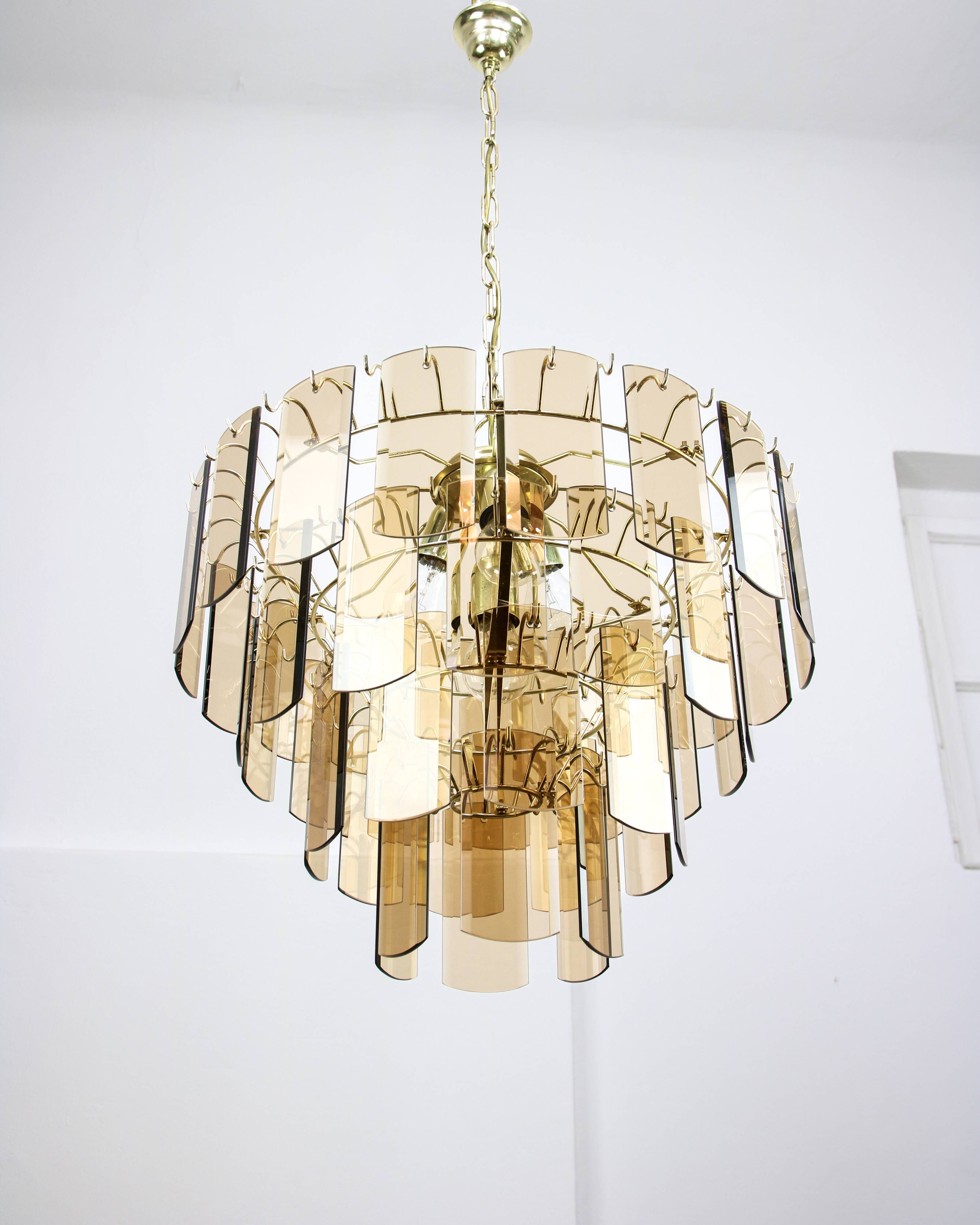Vintage Veca Chandelier: Italian 1970s Smoked Glass & Brass Pendant Lamp