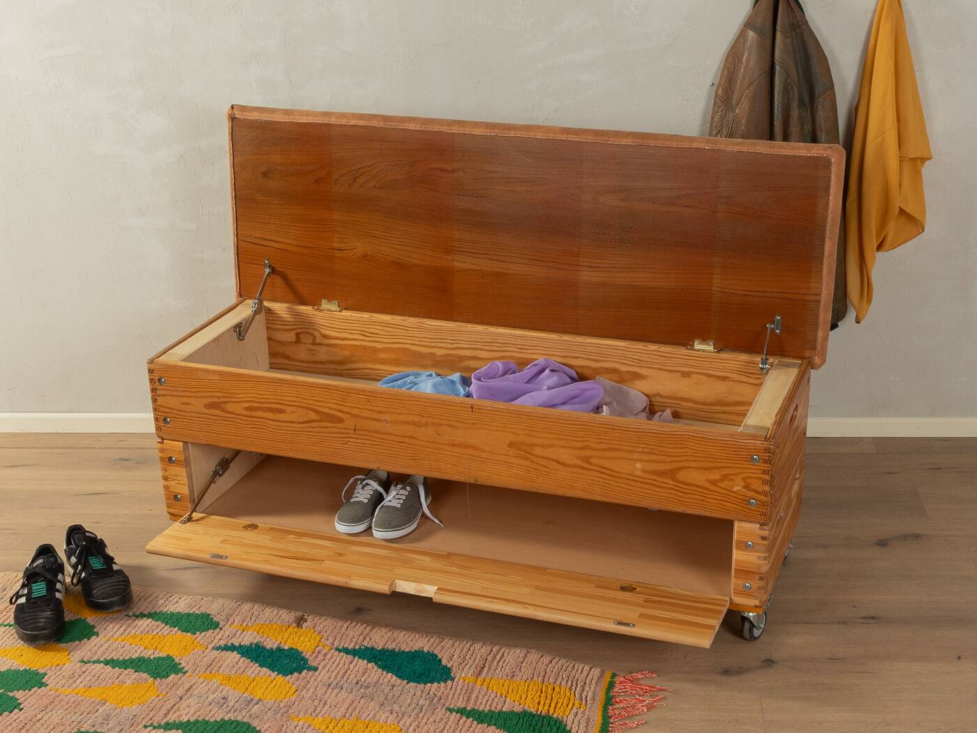 Unique storage chest as a storage cabinet and bench.