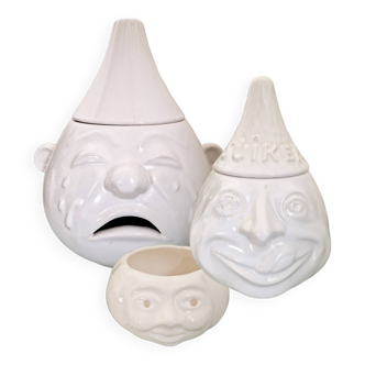 Set of three vintage anthropomorphic onion and garlic pots