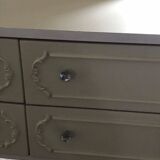 Mid-Century silver dressing table in glass and paint, central oval mirror, 1950s.