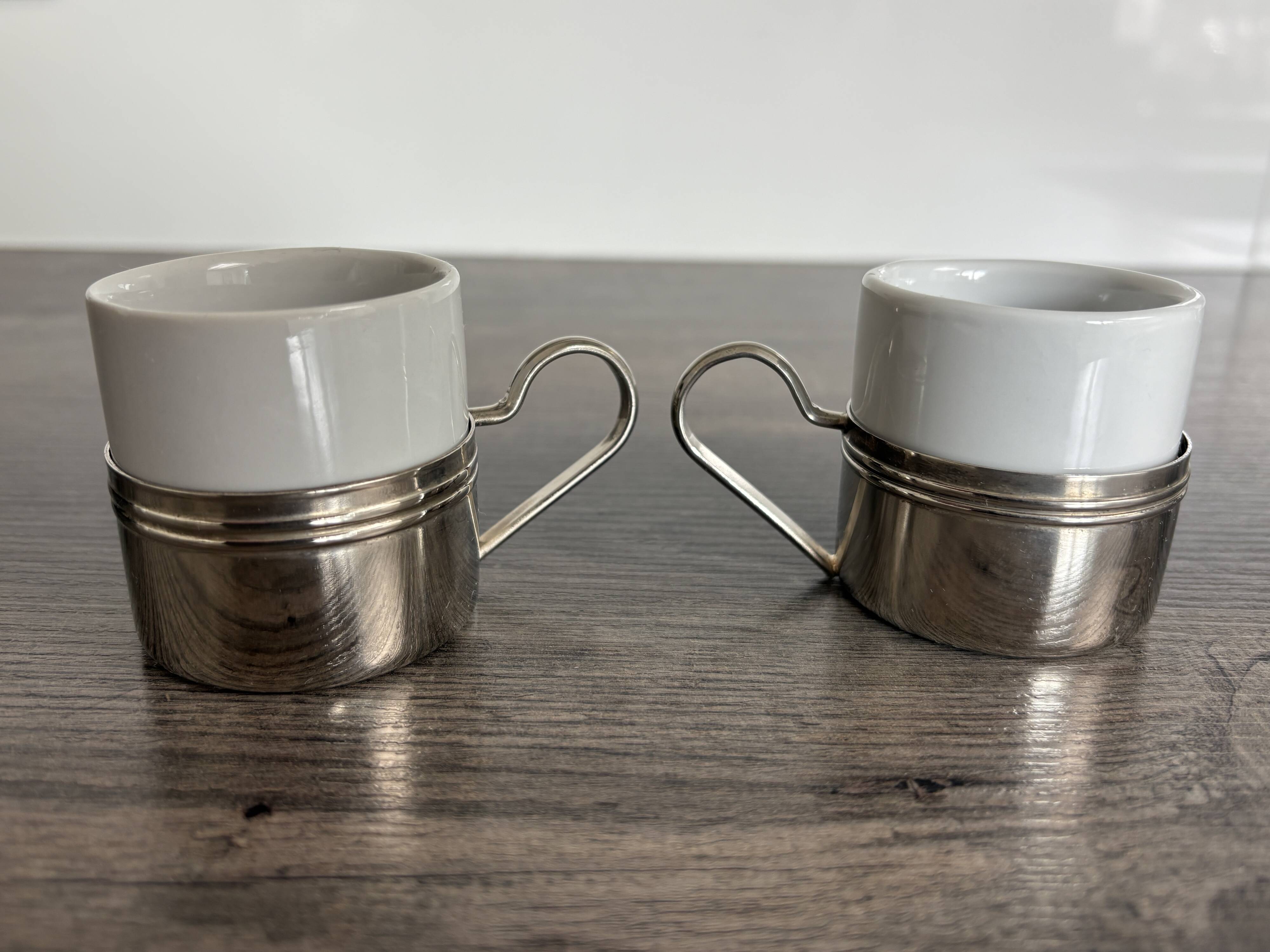 Set of 2 vintage porcelain cups with silver metal stand