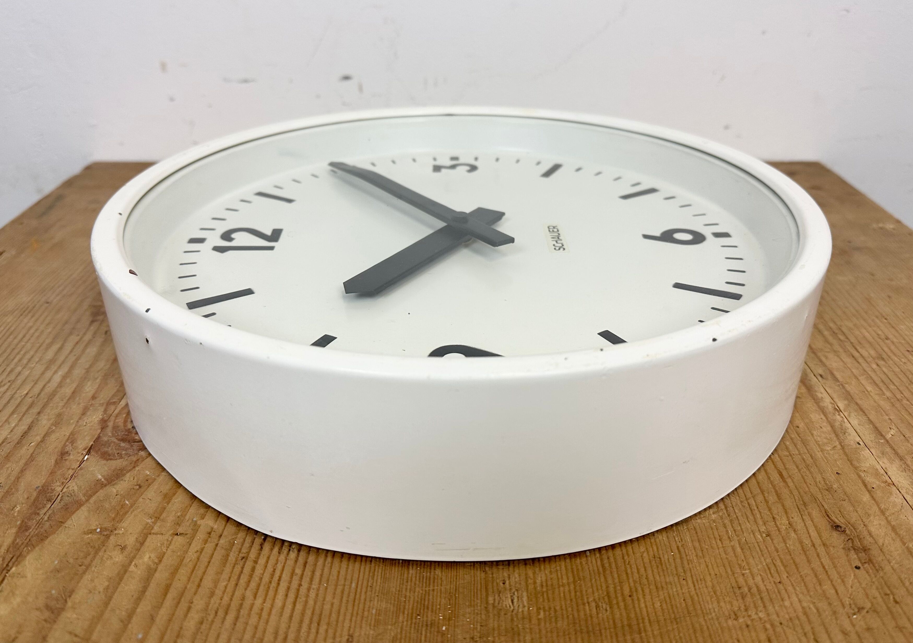 White industrial austrian factory wall clock from Schauer, 1960s