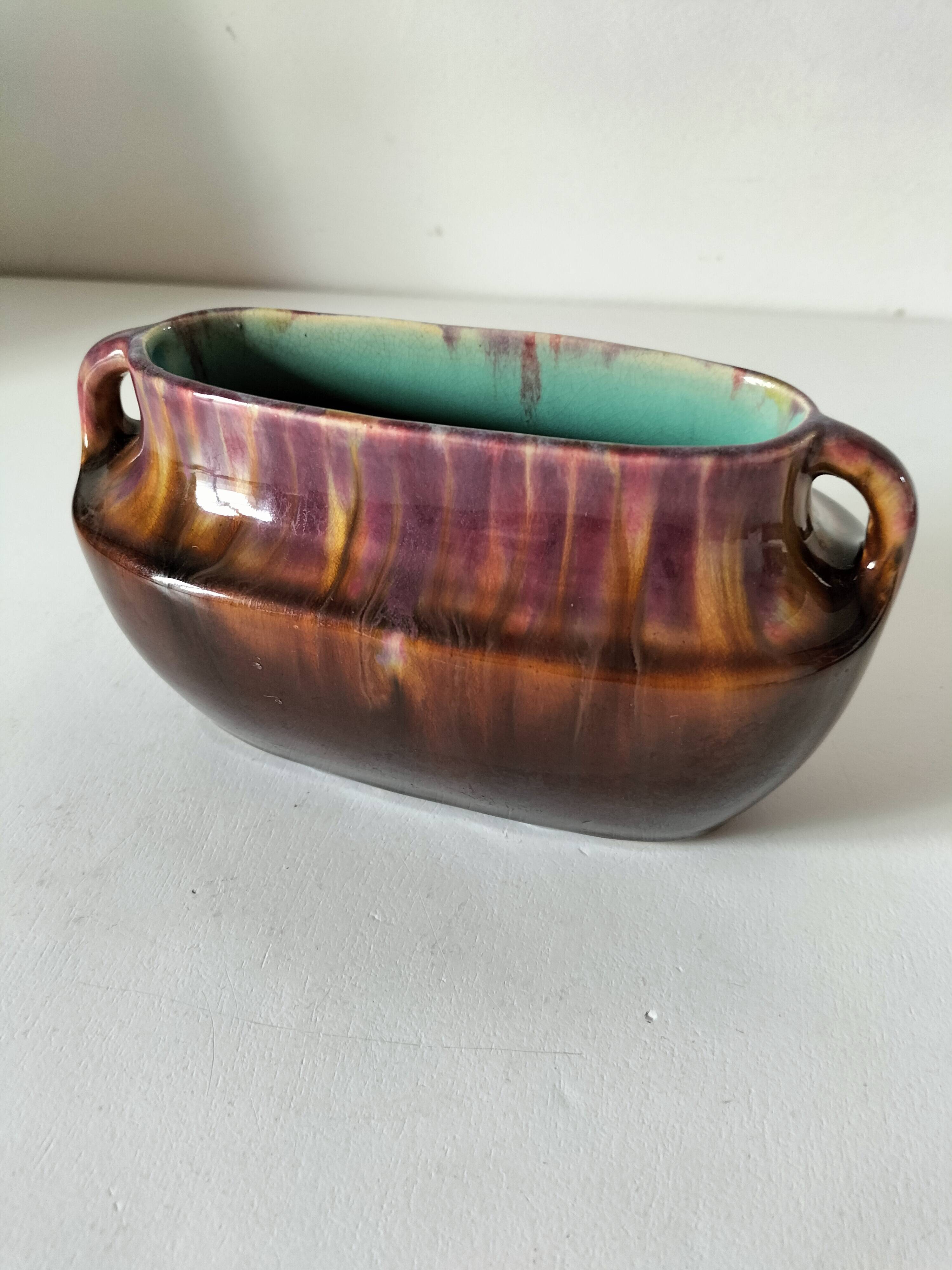 Oval ceramic vase with handles, glazed, 20th century.
