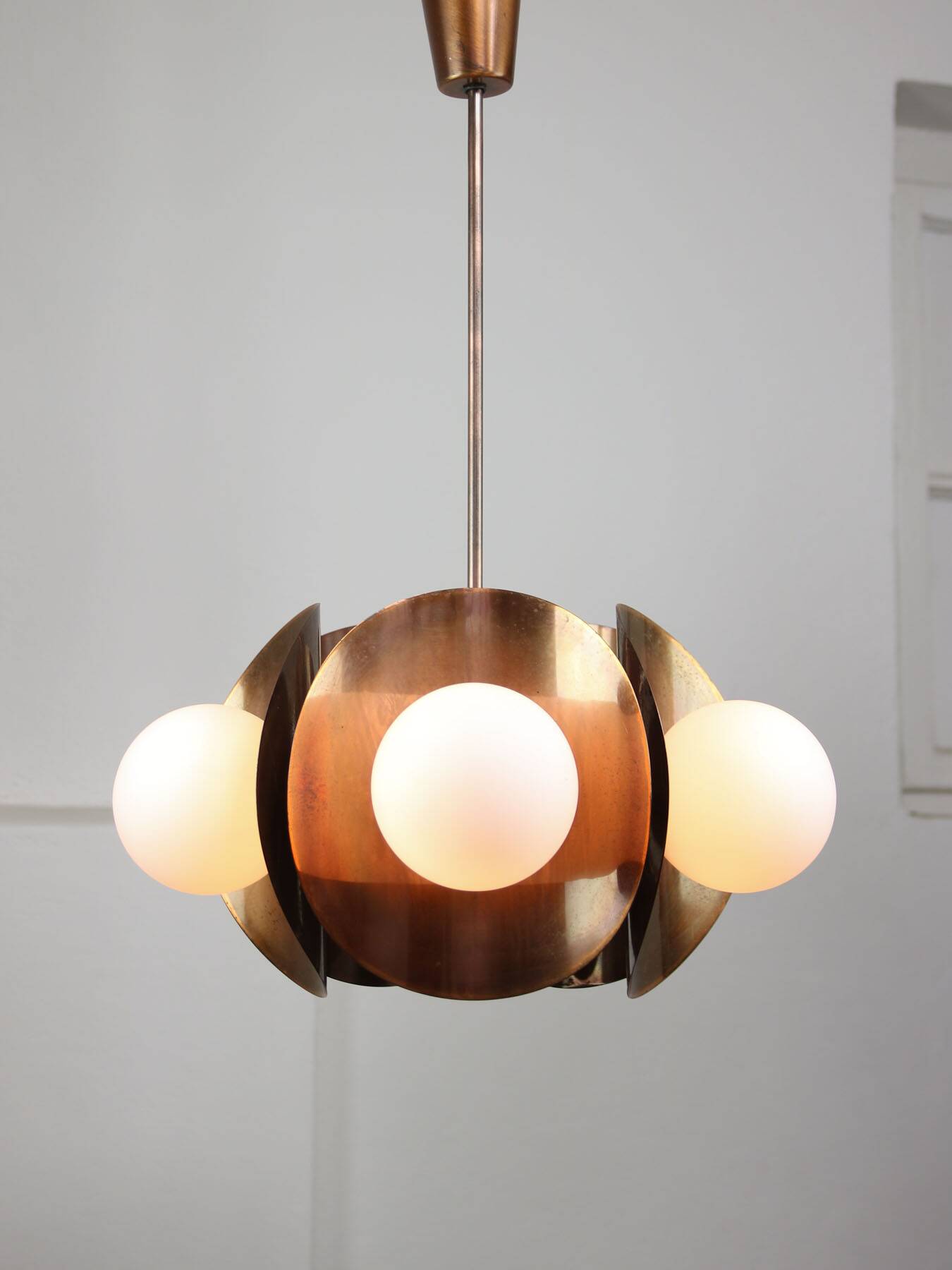 Vintage Italian Copper and Opaline Chandelier, 70s