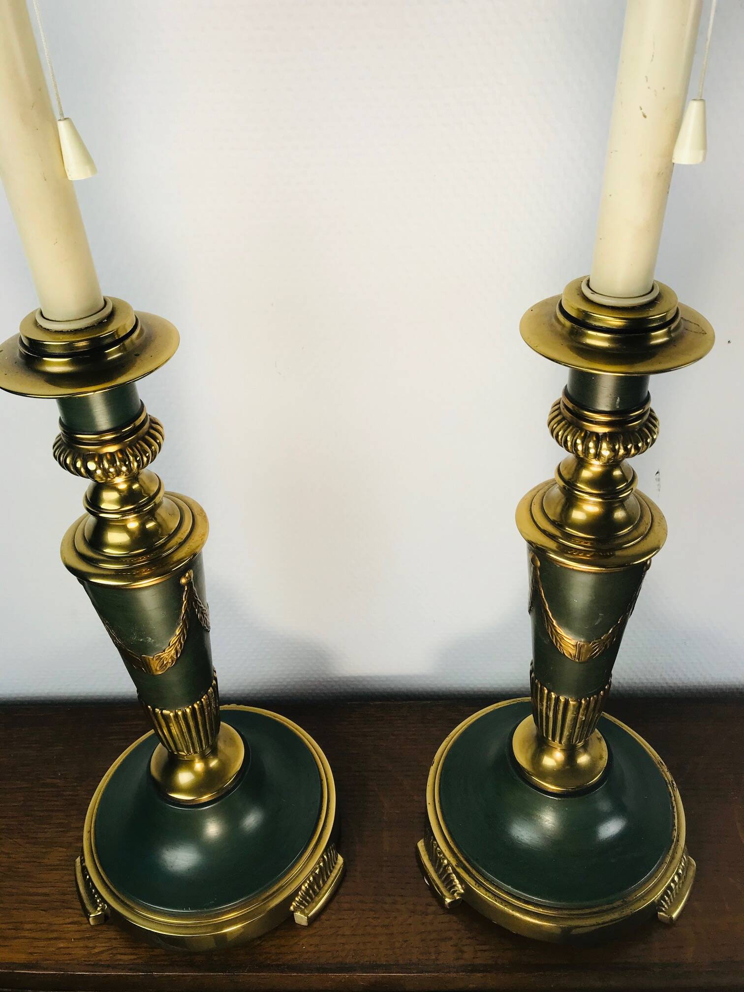 Vintage dutch brass and green table lamps from kullmann, 1970s, set of 2 table lamps. baroque