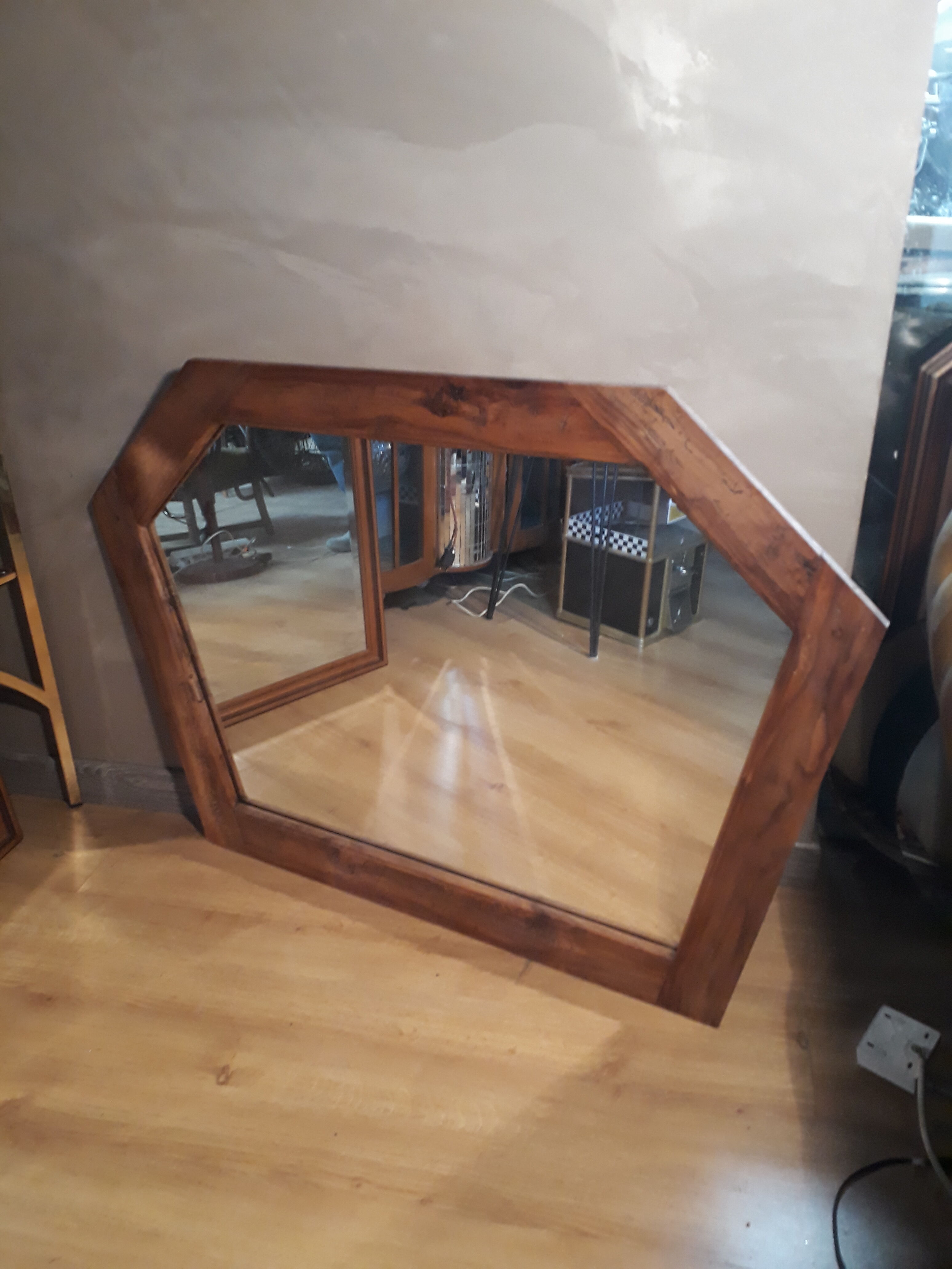 Large asymmetrical mirror fruit wood chevillié 1970 112x83cm