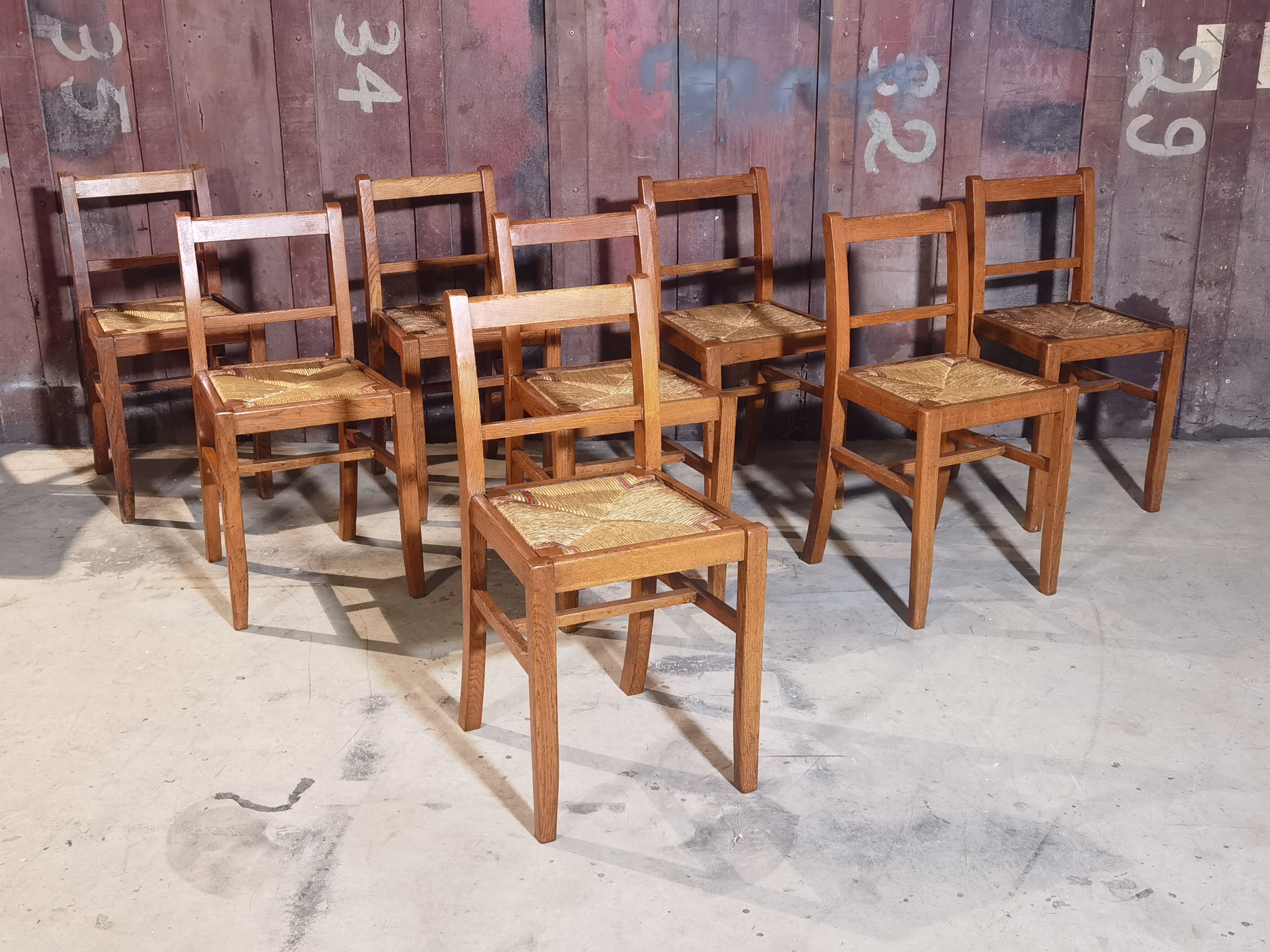 Lot de 8 chaises Reconstruction 1950 Chêne et paille