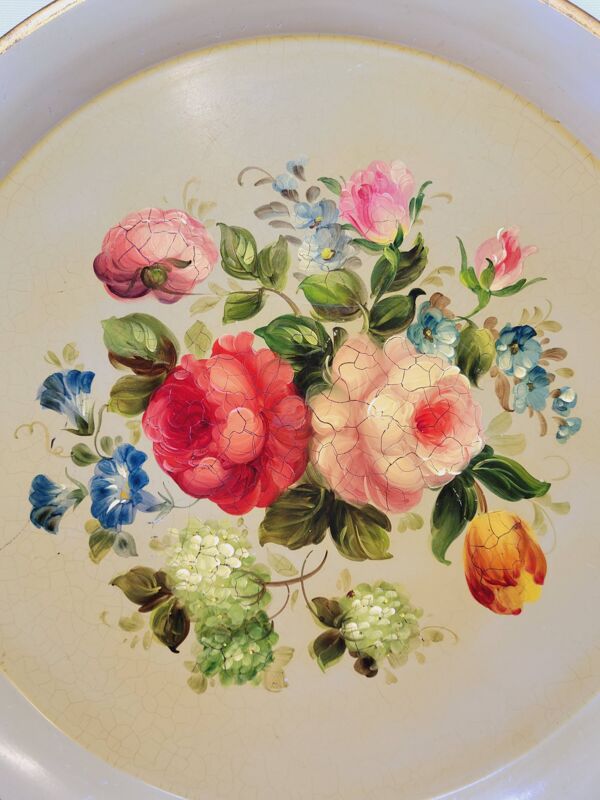 Plateau En Tôle Peinte Napoléon III Métal Peint Décor Floral Diamètre 44,5