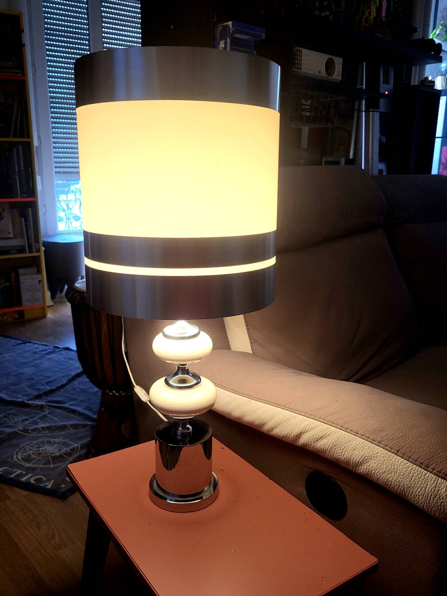 Large Vintage 1970 Space Age Chrome & Wood Lamp