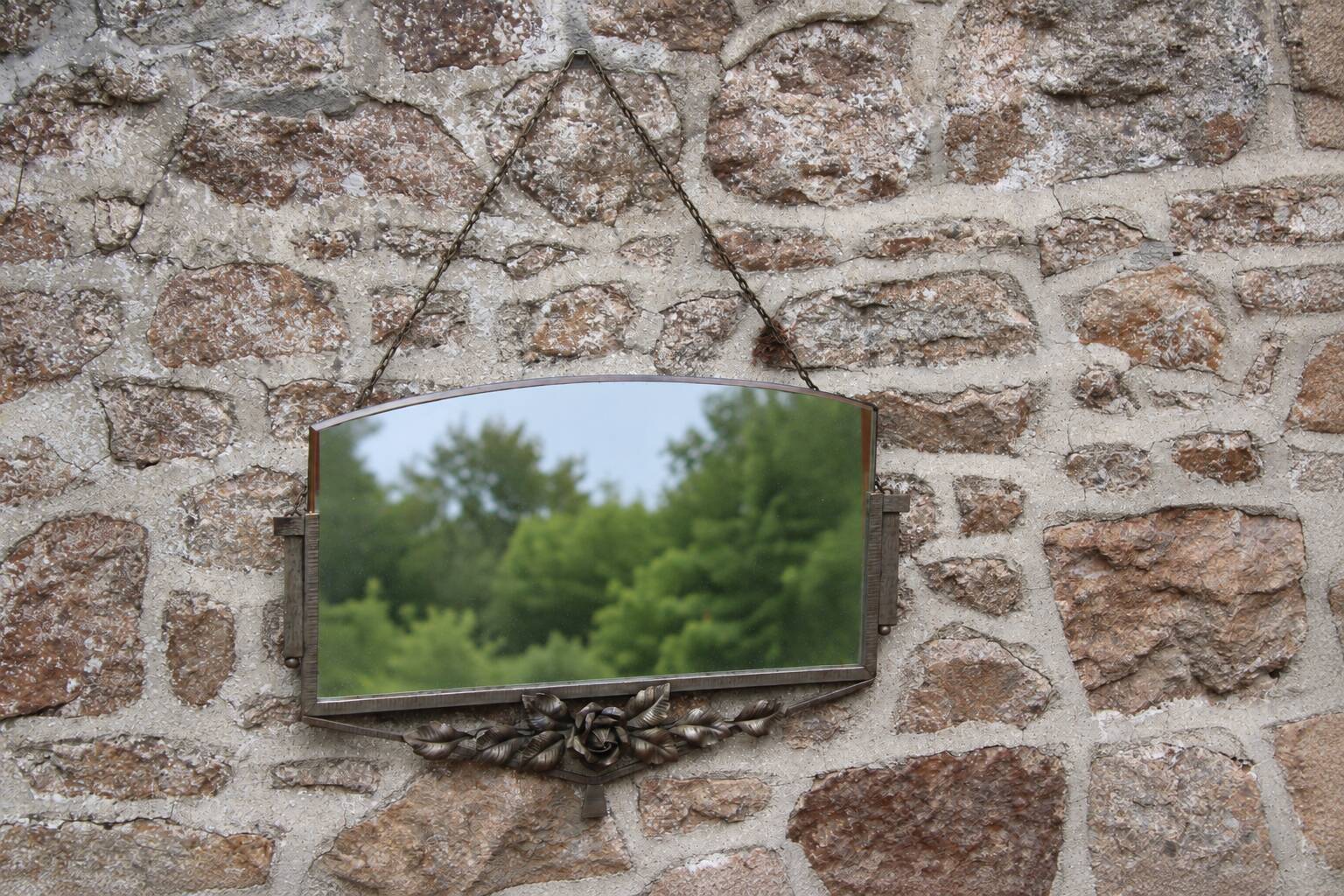 Antique Art Deco metal mirror with rose decoration – vintage wall mirror ann