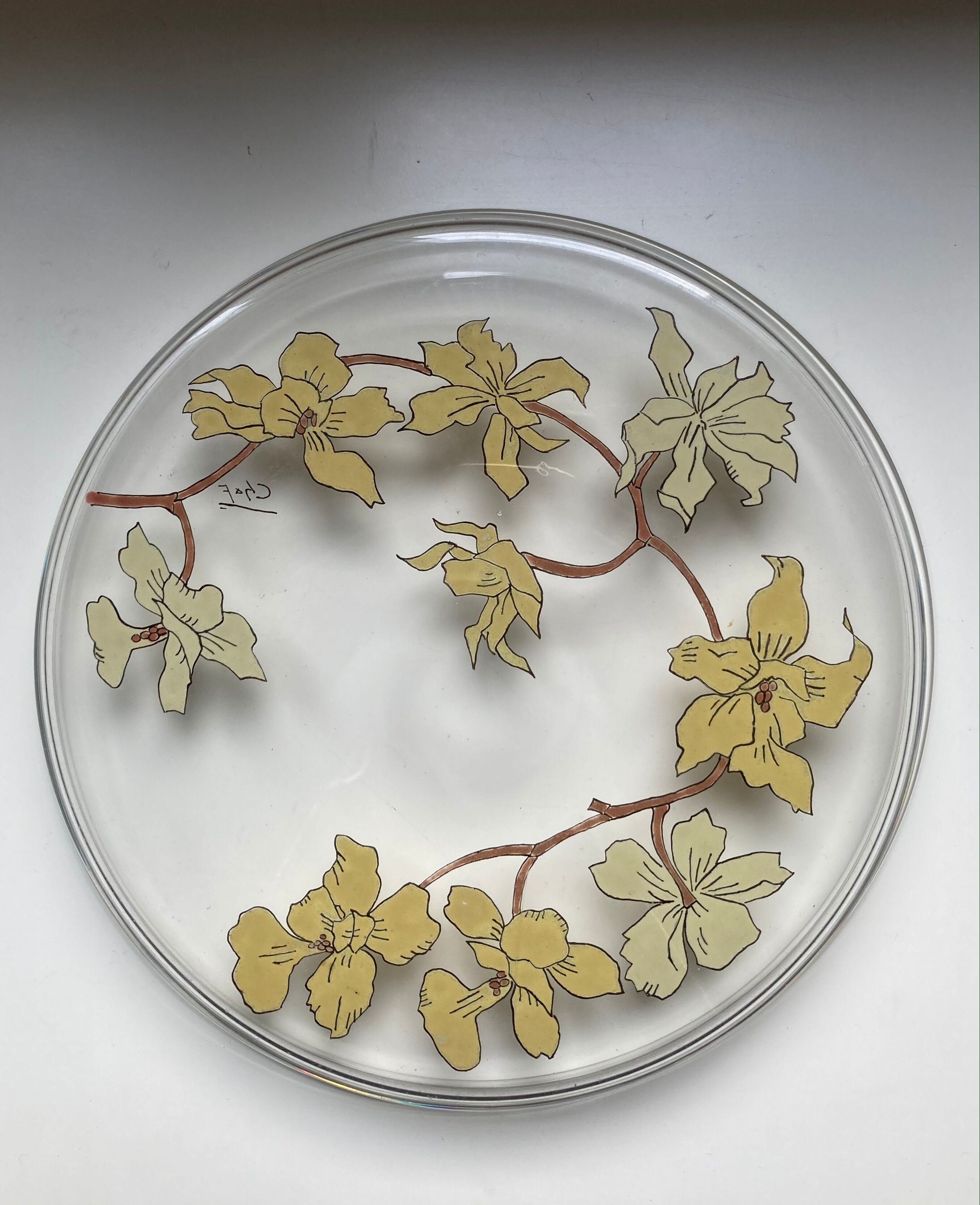 Former Art Nouveau Floral enamel glass flat tray signed Chaf Nancy School