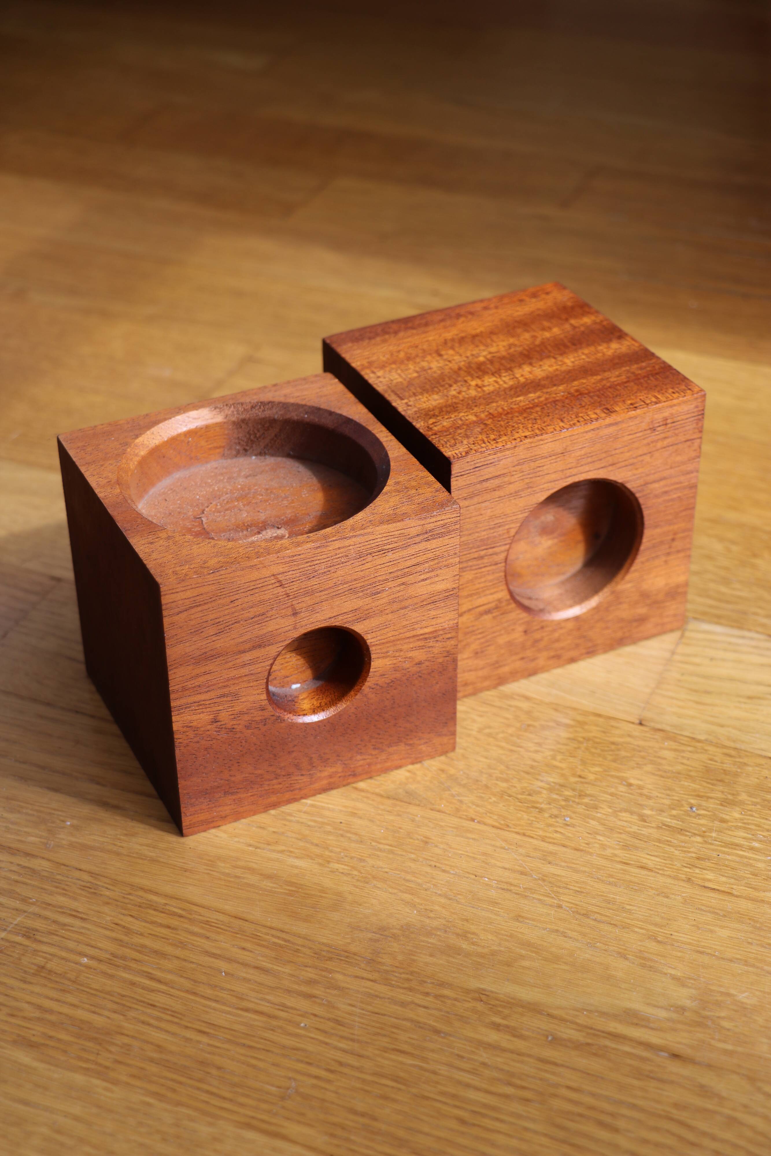 Duo of Scandinavian teak cube candlesticks