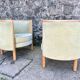 Pair of barrel-shaped armchairs in beech and almond green velvet by Maison Rosello