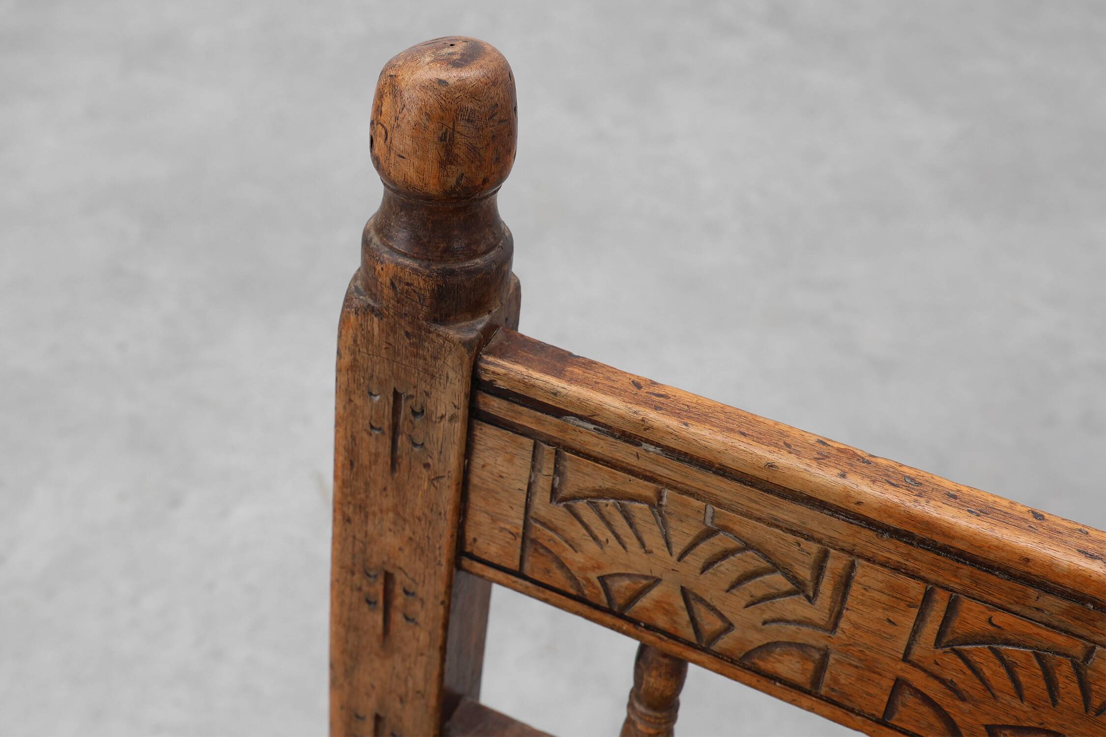 19th Century Spanish Hand-Carved oak Side Chair with Velour Seat