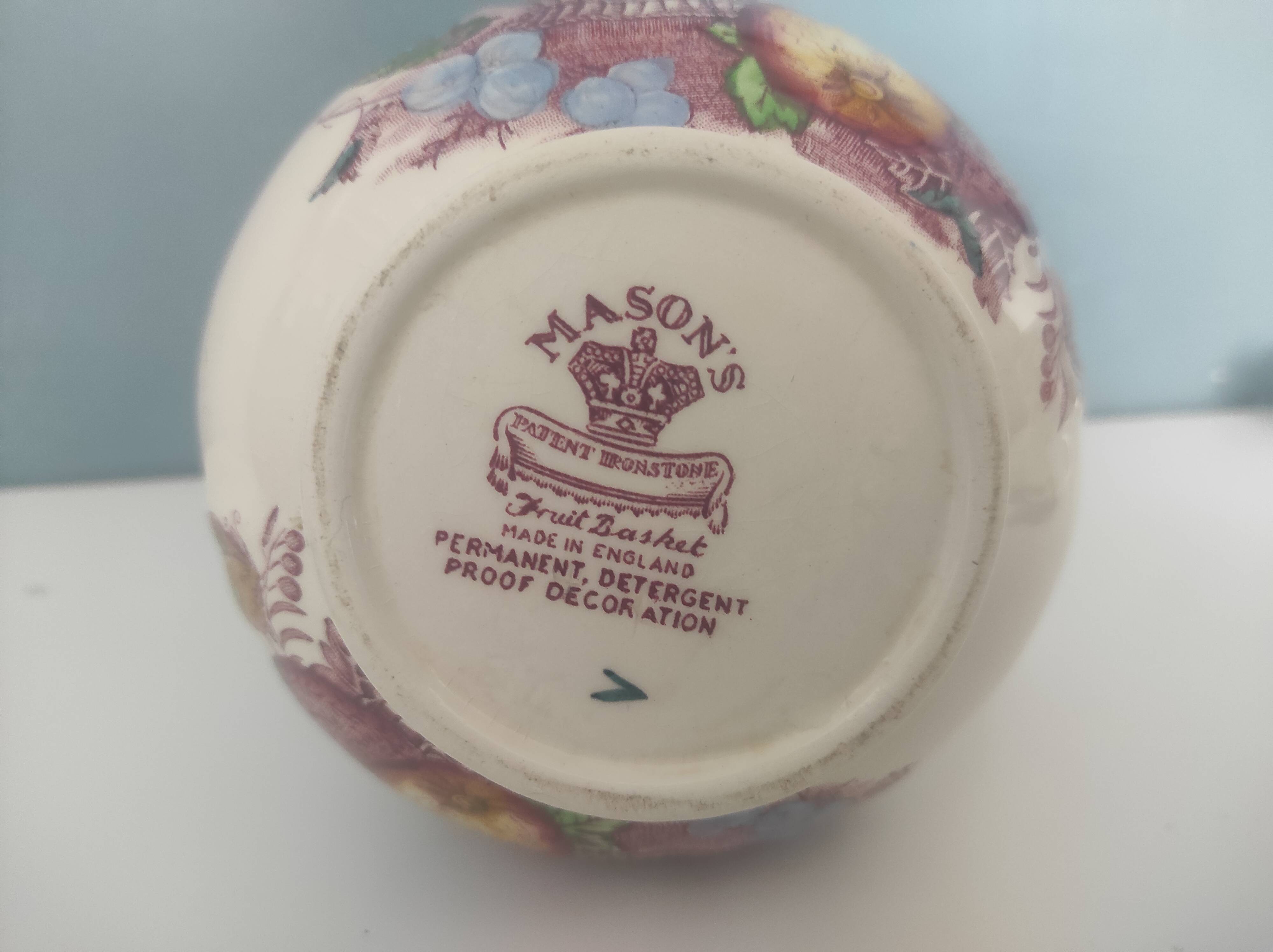 Multicolor Mason's Ironstone Fenton fruit basket pitcher