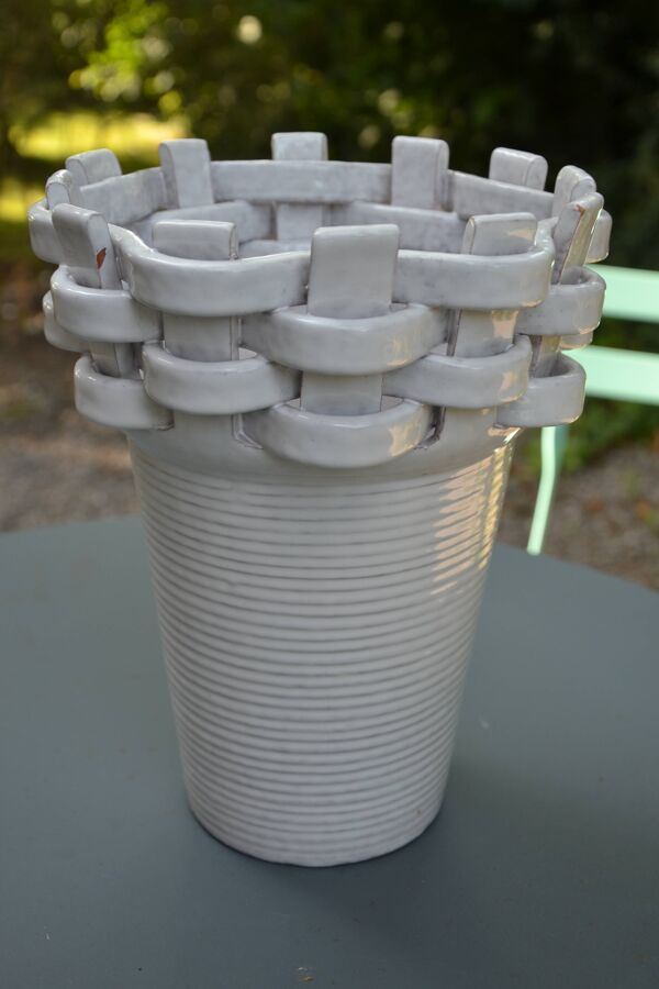 Vase blanc tressé Italy années 50-60