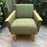 Fauteuil vintage vert olive restauré