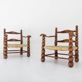 Set of Oak and Rush Bobbin Armchairs Charles Dudouyt style , 1940s