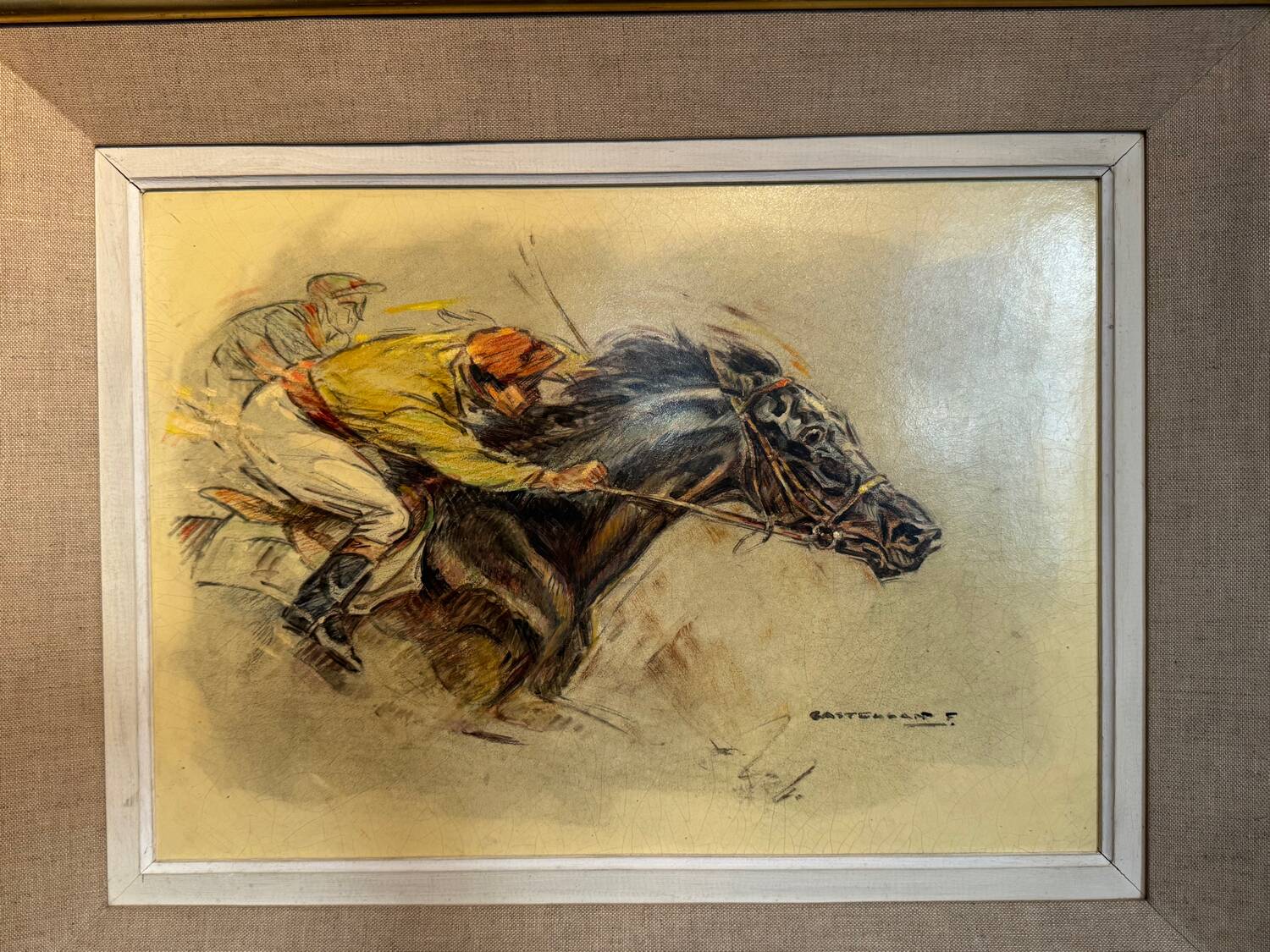 Old painting, horse scene, signed F Castellan, early 20th century