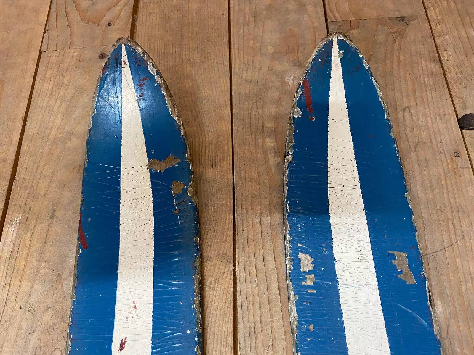 Old Pair of Vintage Blue & White Wooden Skis Mountain Chalet Decor - 218 cm
